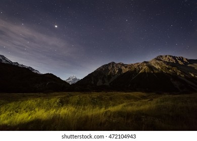 Night View With Mt. Cook And Stars In The Sky At White Horse Hill Campground