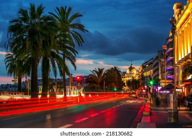 Night View From Nice, France - Mobile People And Stable Buildings