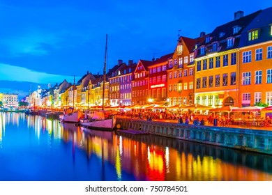 Night view of the old Nyhavn port  in the central Copenhagen, Denmark.
