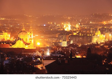 The night View on bright Prague with St. Nicholas' Cathedral, Czech Republic