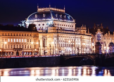 Night view on National Theatre from the bank of the Vltava river in Prague - Powered by Shutterstock