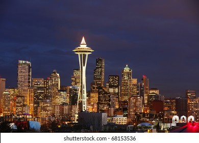 Night View On Seattle Skyline With Space Needle Tower