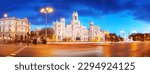 Night view on the square with Cybele Palace in Marid, Spain.