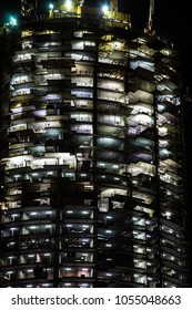 night view on under construction skyscraper. building illumination