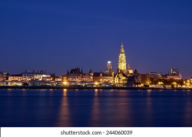 Night view over illuminated city of Antwerp, Belgium 