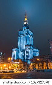 Night View Of Palace Of Culture And Science In Downtown, Warsaw, Poland