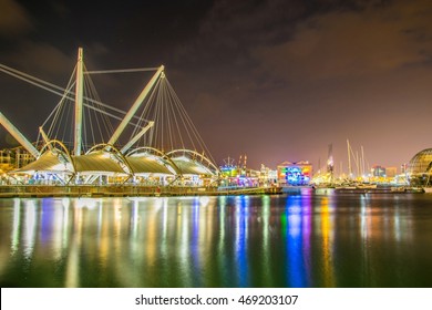 Night View Of The Port Of Genoa In Italy