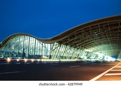 The Night View Of The Pudong Airport.