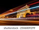 The night view of the Qianmen Street in Beijing, Ancient architecture in Beijing, China，Night view of the archery Tower at Zhengyangmen in Beijing
