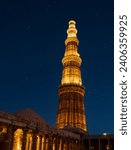 Night view of the Qutab Minar located in New Delhi India, also known as Qutb or Qutub Minar, UNESCO world heritage sites
