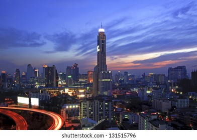 Night view of Ratchaprarop area and Baiyok II tower with express way in Bangkok, Thailand