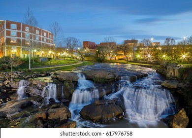 Night view of the Reedy River Waterfalls located in Falls Park in the historic west end of downtown Greenville, South Carolina.