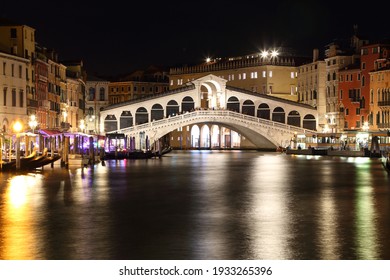 Night View Of Rialto Bridge. Venice