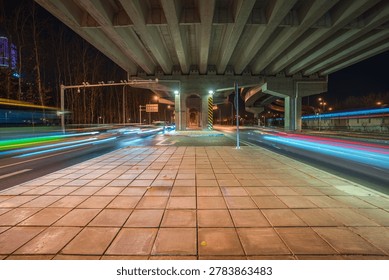 Night view of roads beneath elevated highways in Beijing, China
