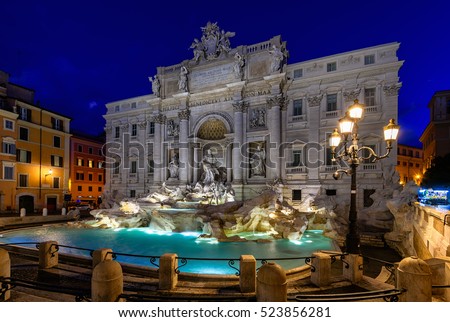 Night view of Rome Trevi Fountain (Fontana di Trevi) in Rome, Italy. Trevi is most famous fountain of Rome. Architecture and landmark of Rome, Rome postcard