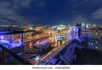 Night View From The Roof Of The House To The Moskva River And The City Center. Moscow, Russia 