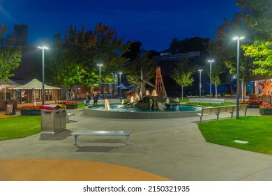 Night View Of Salamanca Square In Hobart, Australia