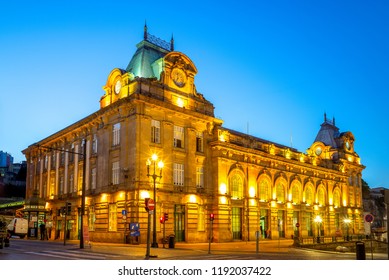 Night View Of Sao Bento Station In Porto, Portugal