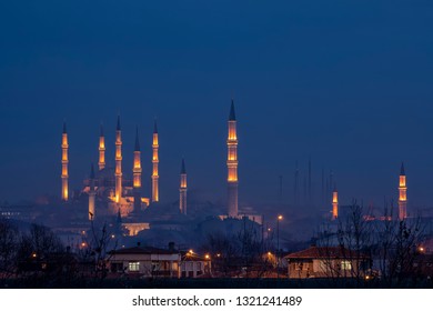 Night View Of Selimiye Mosque And Old Mosque Edirne