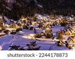 Night view of Shirakawa-go in winter (Gifu, Japan). A village registered as a World Heritage site, where the original Japanese landscape still remains.