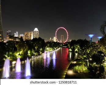 Night View Of Singapore Flyer , Super Tree Of Gardens By The Bay And River 