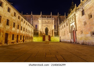 Night View Of The Square Of Medieval Buildings Of The University Of Salamanca.
