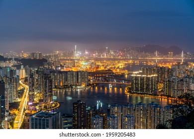 The Night View Of Tsuen Wan District, Hong Kong, China.