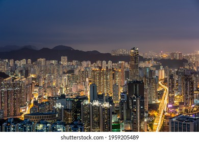 The Night View Of Tsuen Wan District, Hong Kong, China.