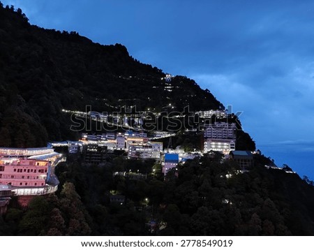 Night view of Vaishno Devi on Trikuta parvat, from katra trek of 15km towards Bhawan.