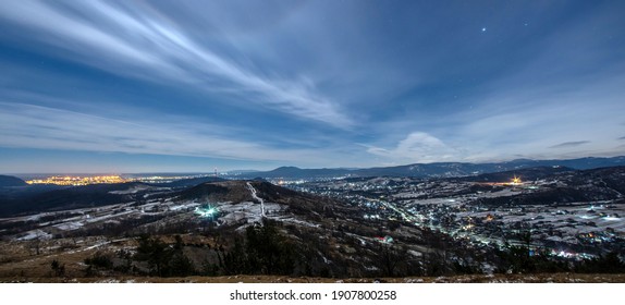 Night View Of The Village In The Carpathian Mountains In Winter