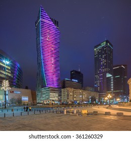 Night View Of Warsaw Modern Business District From Viewpoint Of Culture And Science Palace