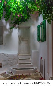 Night View Of A White Street In The Old Town Of Mykonos, Greece