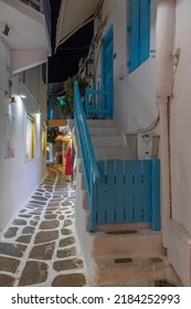 Night View Of A White Street In The Old Town Of Mykonos, Greece