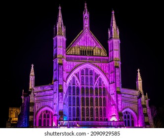 A Night View Of Winchester Cathedral, Hampshire, During Christmas Time, UK