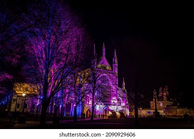 A Night View Of Winchester Cathedral, Hampshire, During Christmas Time, UK