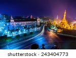 Night view of Yangon cityscape with famous Buddhist shrine Sule pagoda. Myanmar (Burma)