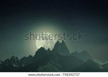Night vintage landscape with mountains and full moon, beautiful stars in endless galaxy