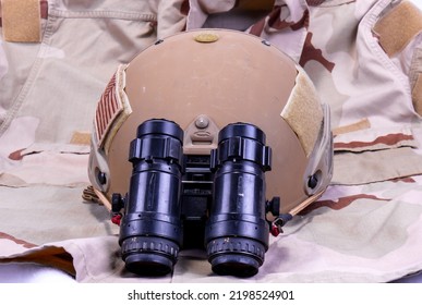 Night Vision American Military Helmet On Desert Camouflage Uniform