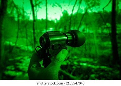 Night Vision, Night Vision Device In A Man's Hand, In The Night Forest.