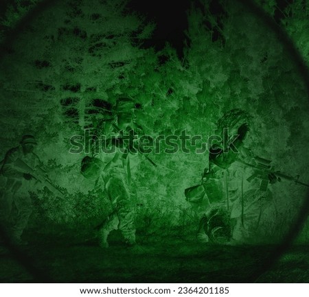 Night vision, military and soldiers of army outdoor with security at war with green light. Search, surveillance and teamwork with scope and mission with agency working of spy job and sniper target