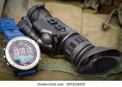 Night Vision Monocular Gt 14 And Tactical Watch, Close Up. 