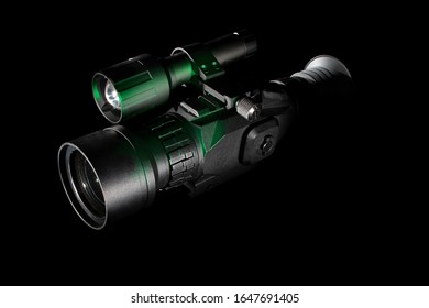 Night Vision Rifle Scope With Green Light Coming From The Side