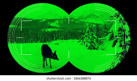 Night Vision View With Binocular Scope In Green Of Deer In The Snow With Dark Mountain Background