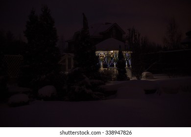 Night Winter Backyard Garden With Some Christmas Lights 