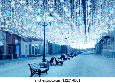 Night Winter Moscow In The Snow. Nikolskaya Street Decorated For The New Year.