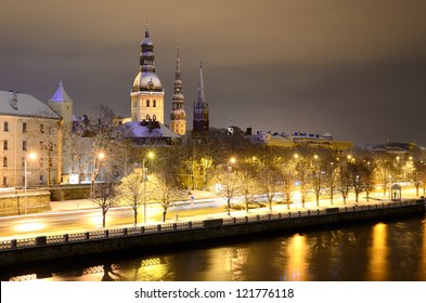 Night Winter Scene In Riga, Latvia