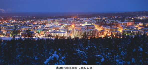 Night Winter View Of Rovaniemi City, Lapland, Finland