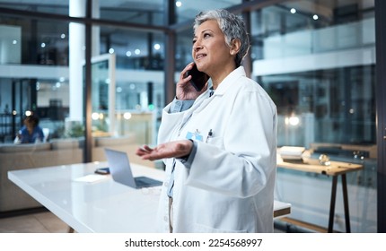 Night, woman and doctor with phone call, office and talking for planning, surgery schedule and consulting. Evening, happy mature female or medical professional with smartphone, healthcare or speaking - Powered by Shutterstock