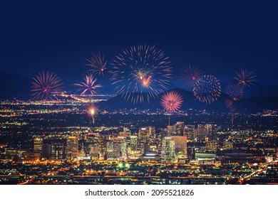 Nightscape of Phoenix (Arizona, USA) with fireworks - Powered by Shutterstock