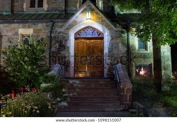 Nighttime Church Door Springtime Astoria Queens Stock Photo